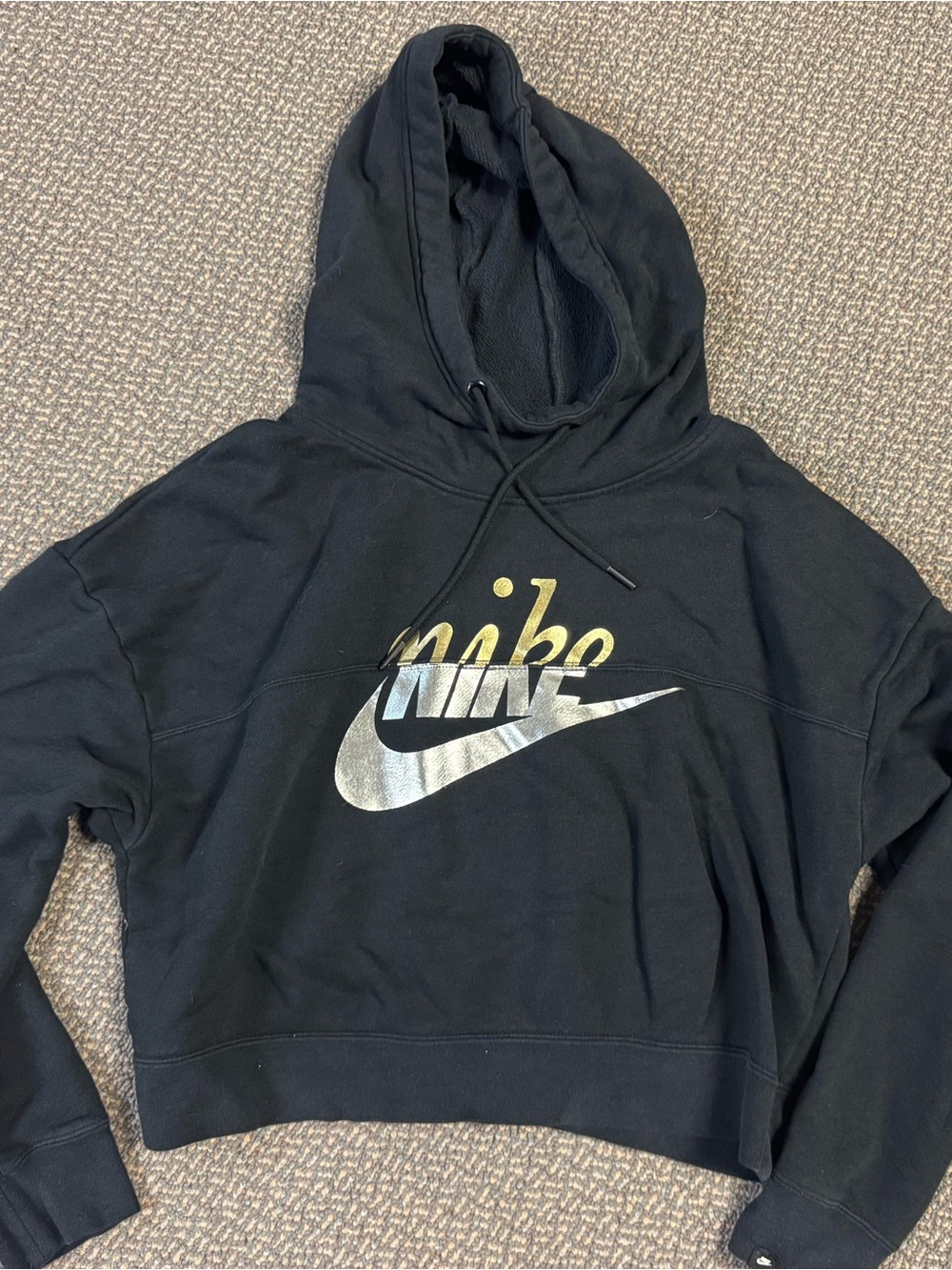 Nike Sportswear Rally Metallic Clash Cropped Hoodie Black Gold Silver Logo Sz S
